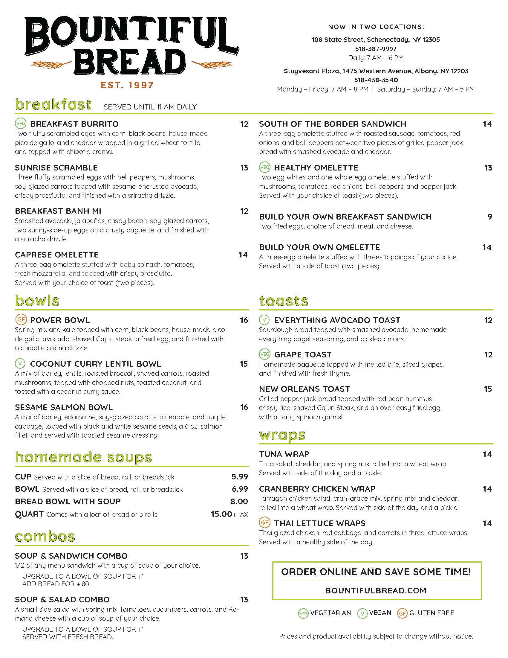 Cafe Menu Bountiful Bread
